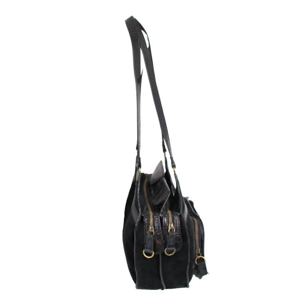BICA CHEIA BLACK CRINKLED GENUINE LEATHER SUEDE TOTE SHOULDER BAG HANDBAG PURSE - Picture 3 of 10